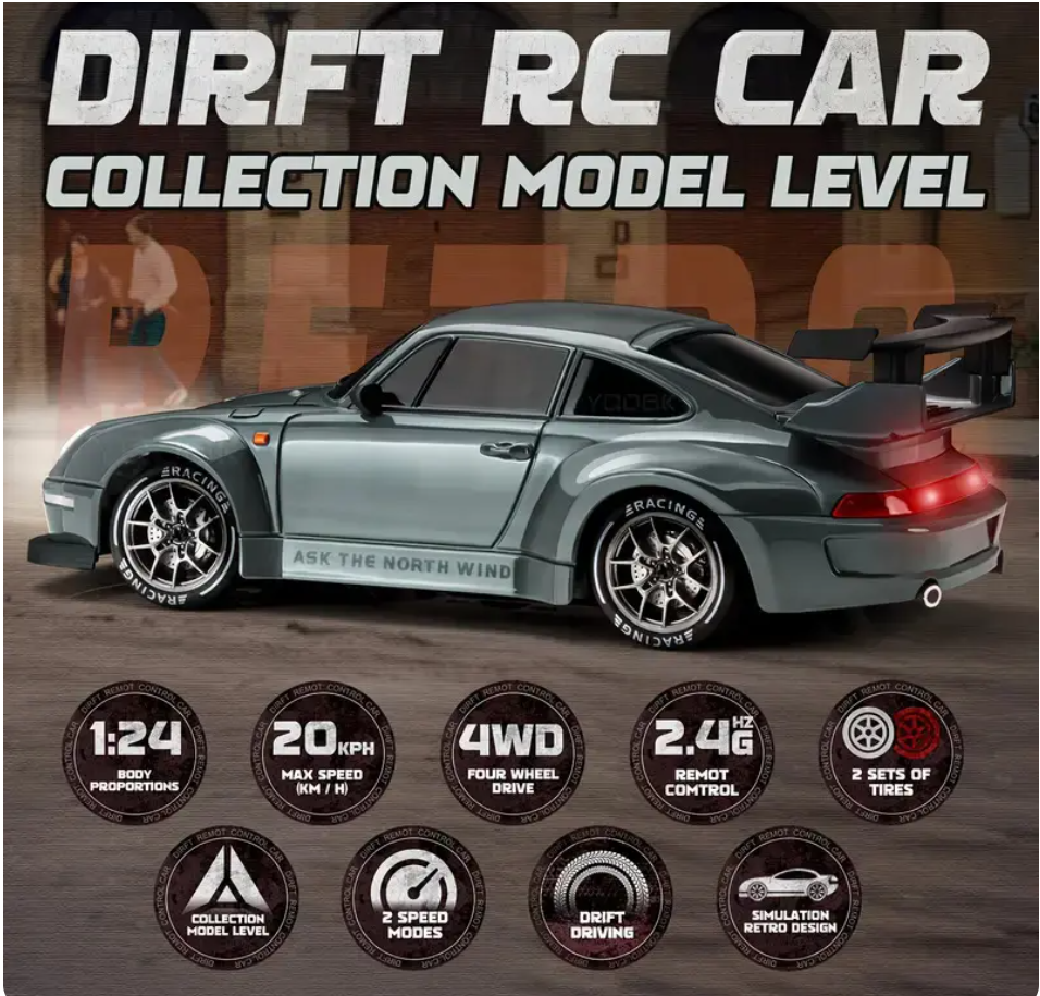 🏎️ รถดริฟต์บังคับวิทยุ ขนาด 1:24 ระบบขับเคลื่อน 4 ล้อ (4WD) ความเร็วสูงสุด 12.4 ไมล์ต่อชั่วโมง พร้อมรีโมตคลื่น 2.4GHz